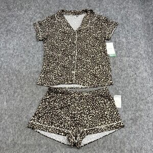 Nordstrom Pajama Set Womens Small Beige Leopard Tencel Modal Button Shorts